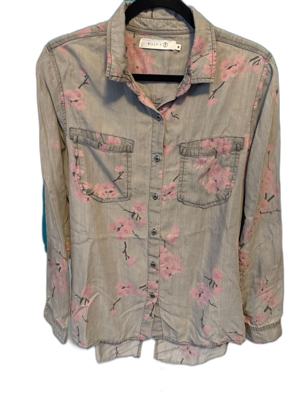 Billy T Women's Button-Down Floral Shirt - Light Gray with Pink Blossoms